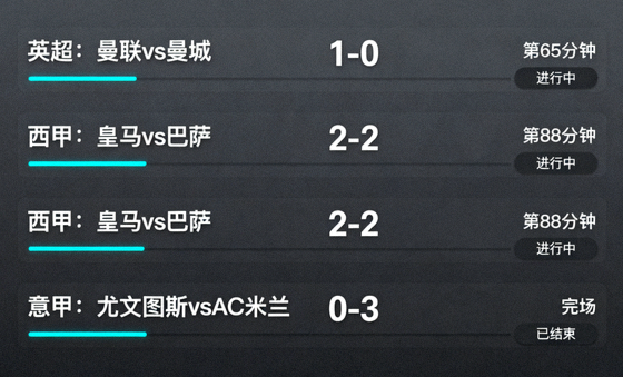 实时比分数据面板界面示意，展示多场比赛的比分与比赛状态