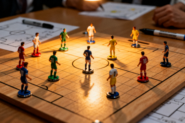 足球战术板上摆放的球员棋子，用于演示赛前战术分析场景
