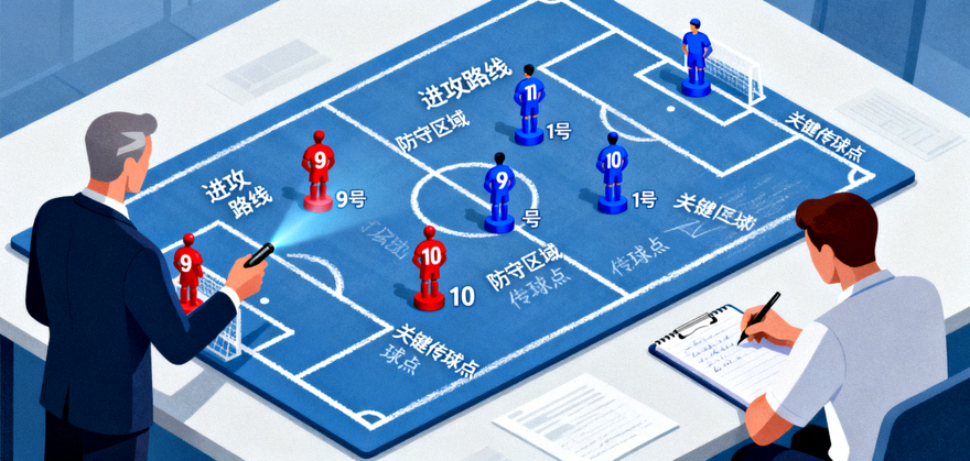 足球战术板与球员棋子，用于演示淘汰赛赛前战术分析场景